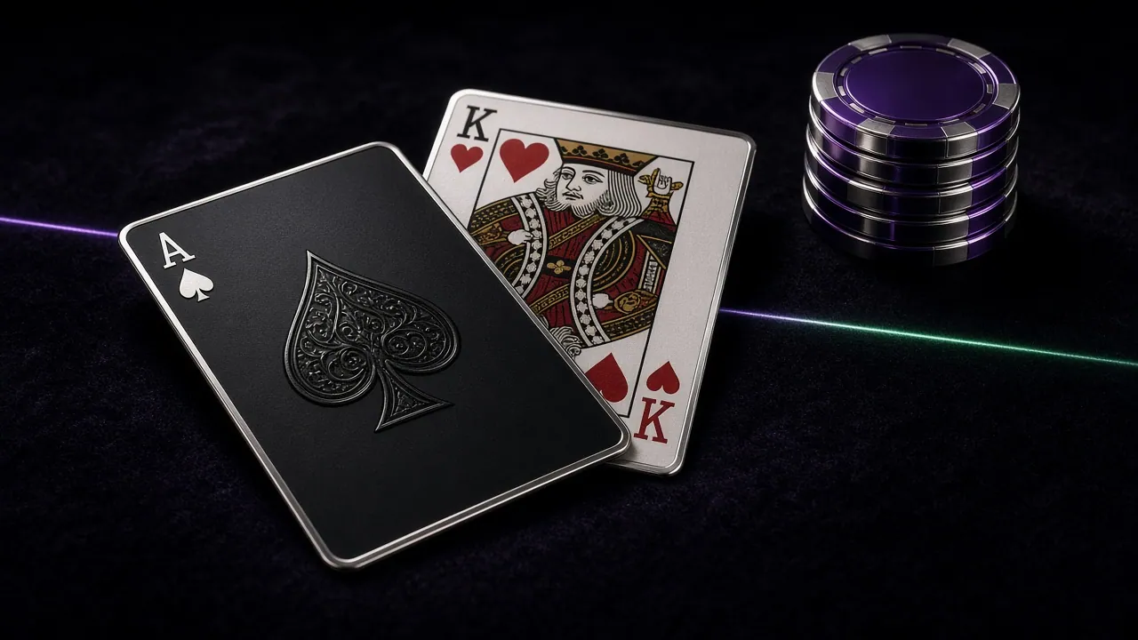 An ace of spades and a king of hearts with silver edges beside a stack of violet chips on dark velvet