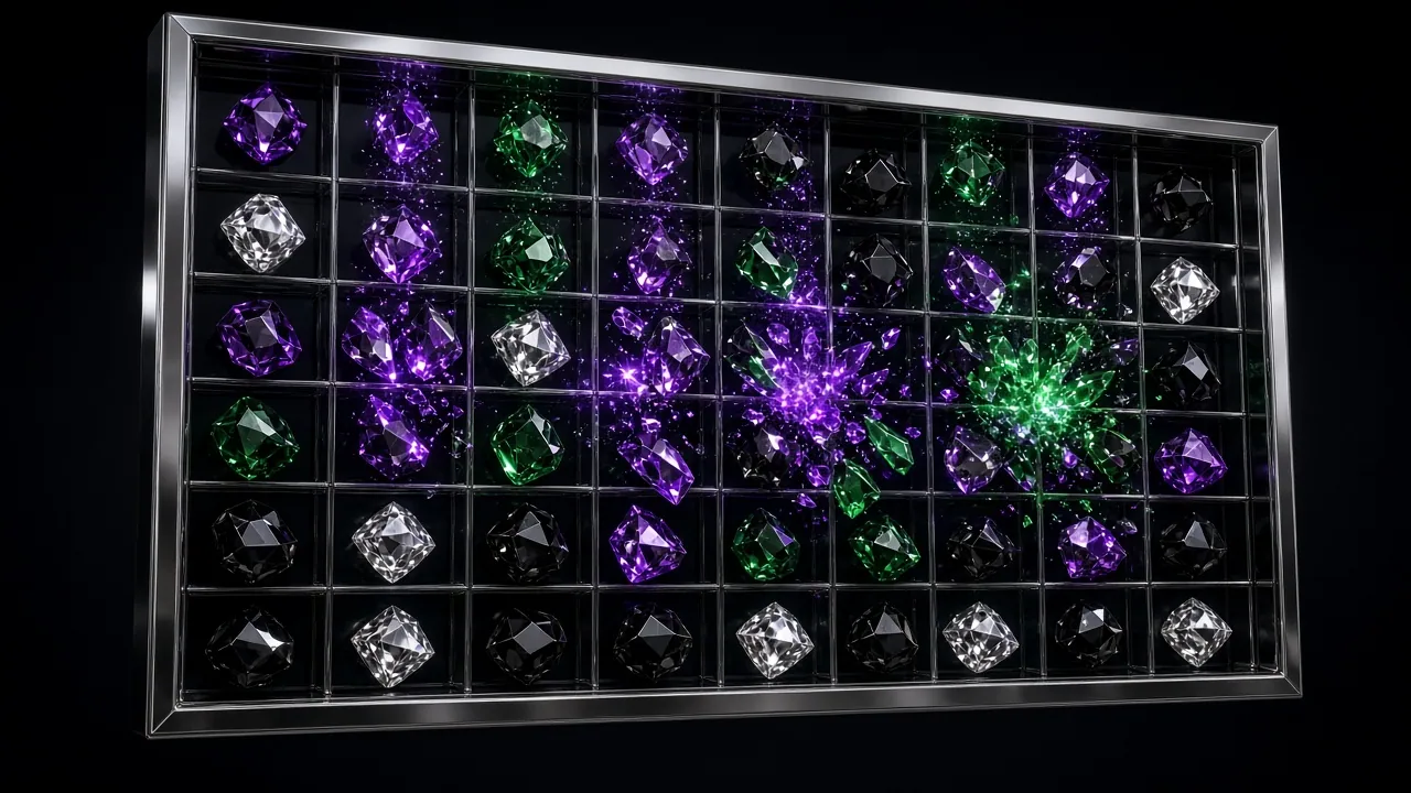 A chrome-framed grid of amethyst, emerald, diamond and obsidian gems bursting into violet and green light