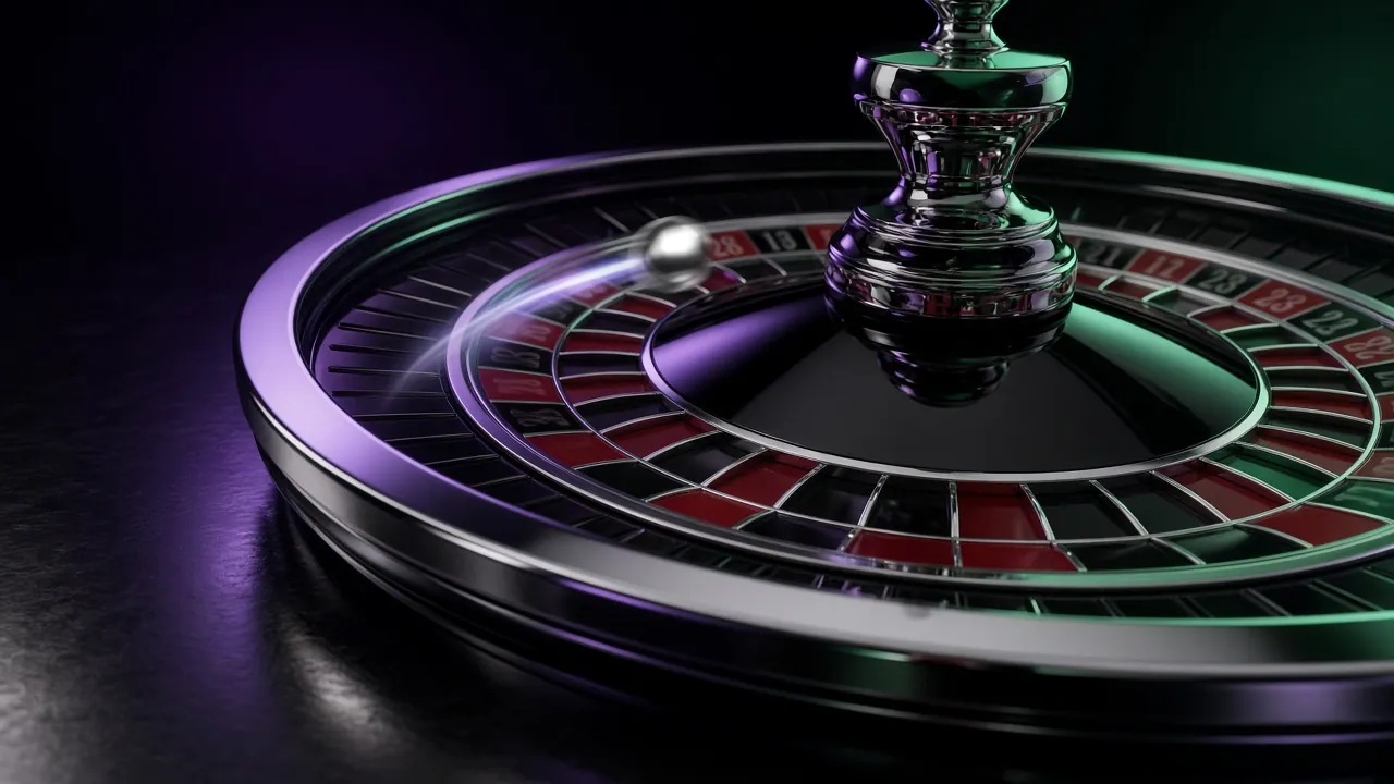 A chrome and obsidian European roulette wheel with a silver ball in motion and violet rim light