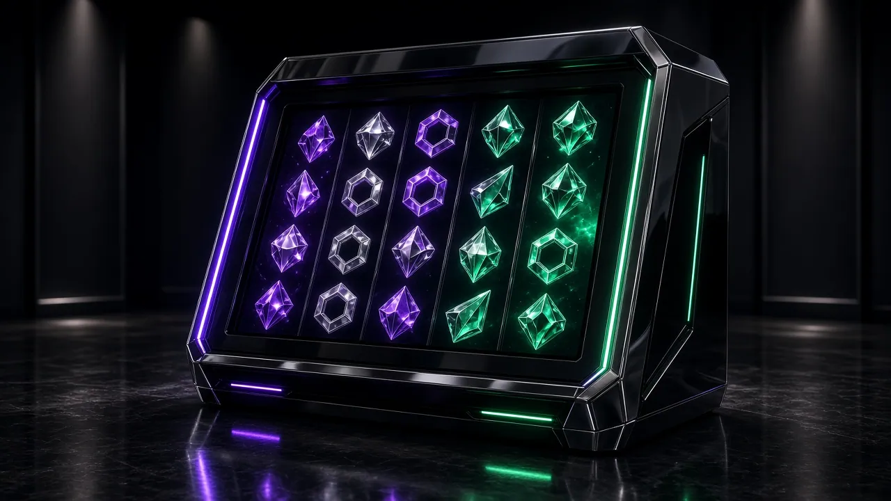 An obsidian and chrome slot cabinet with violet and emerald light strips and five reels of crystal symbols